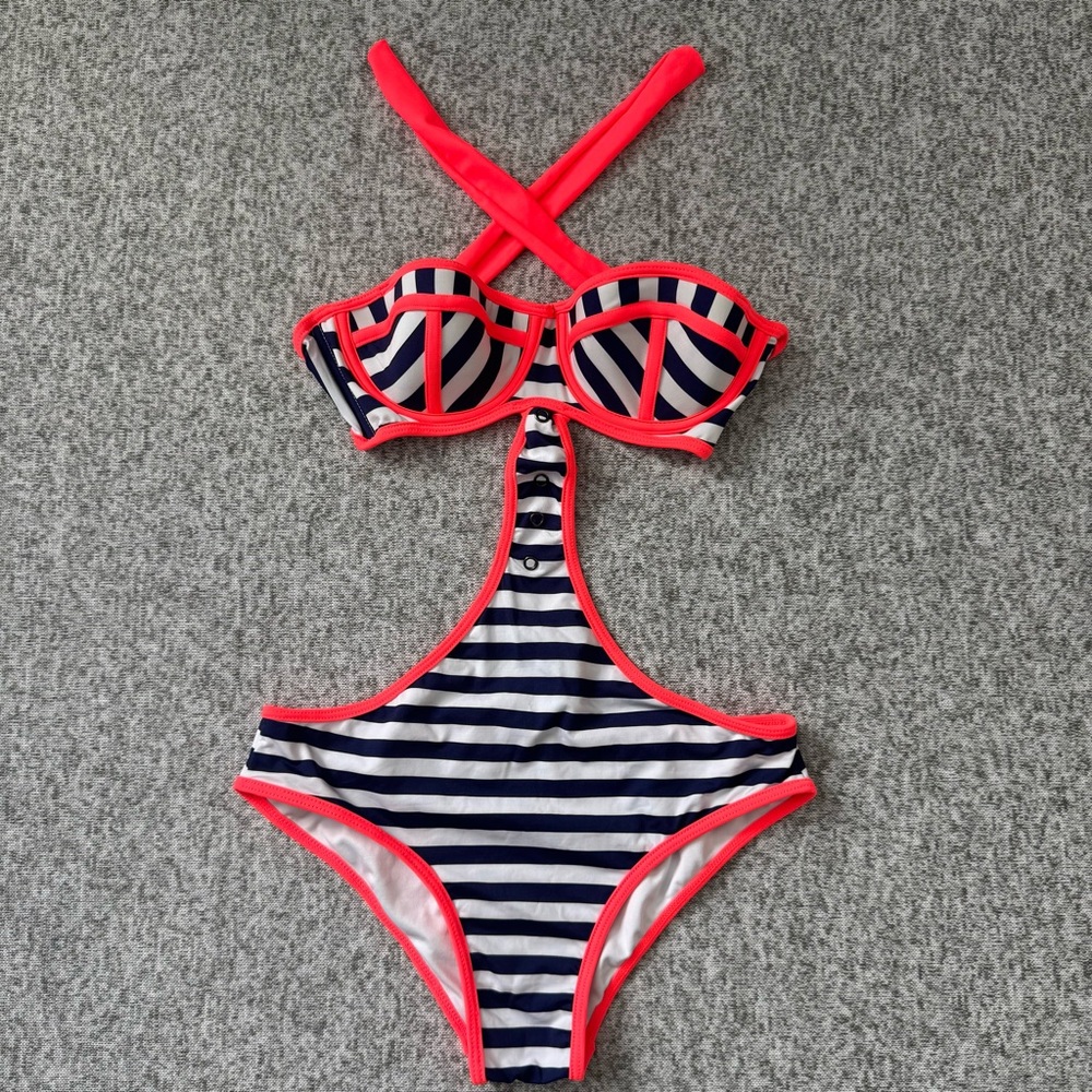 PHAX Nautical Stripe Swimsuit with Coral Trim
